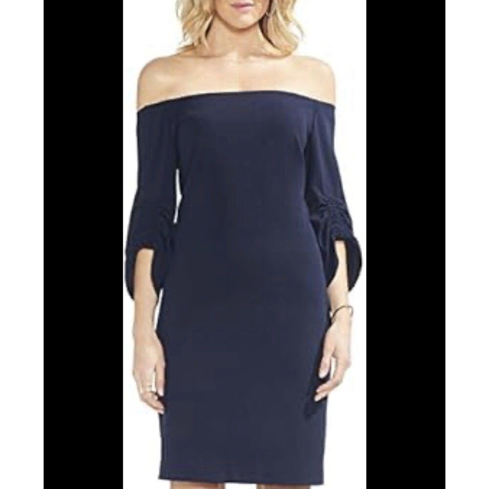 Vince Camuto Off The Shoulder Sheath Dress Navy Blue XL Crunched Sleeve Ponte